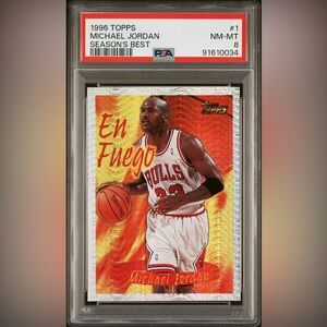1996 Topps Michael Jordan Seasons Best En Fuego #1 PSA 8 Chicago Bulls